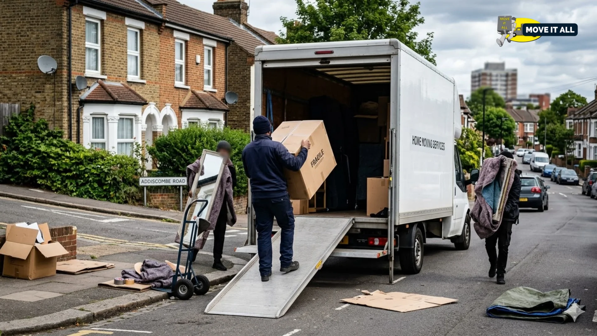 Removal workers loading boxes and furniture into a white moving van parked on a residential street in Croydon, illustrating the factors that influence moving quotes in Croydon.